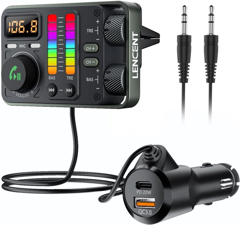 Lencent Bluetooth Car Adapter, Bluetooth 5.3 FM Radio Transmitter with Hi-Fi Treble & Bass Music Player, PD20W and QC18W Fast Charger, Dual Mics for Hands-Free Call, Siri & Google, U Disk/3.5mm AUX - Image 1